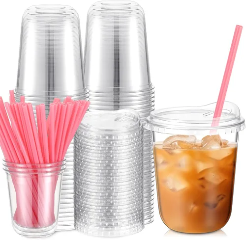 Miniatura 19 de Ziliny Juego de 25 vasos de plástico transparente con pajitas rosas en forma de corazón y tapas sin popote, vasos desechables para mascotas de fondo