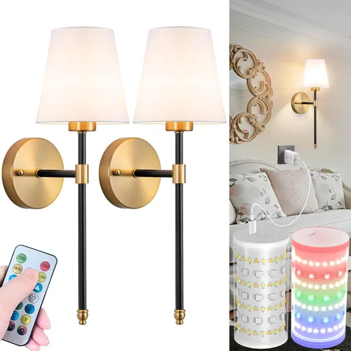 Miniatura 12 de Juego de 2 apliques de pared a pilas, luz de pared inalámbrica con bombilla magnética recargable RGB de 10000 mAh, aplique de pared recargable