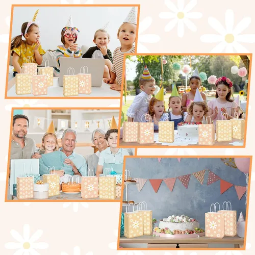 Miniatura 7 de Outus 24 bolsas de regalo de margaritas para fiestas, bolsas de papel de regalo de flores bohemias con asas, bolsas de papel retro hippie