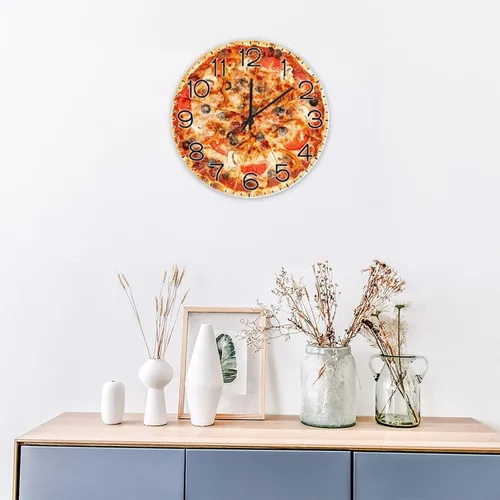 Miniatura 4 de Reloj redondo de madera para pared, comida y pizza, con números arábigos, silencioso, sin tictac, funciona con pilas, para decoración de casa