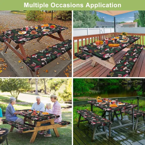 Miniatura 7 de Mantel de mesa de picnic con fundas de banco de 6 pies, 3 piezas, impermeable, resistente al viento, mantel de camping estético con bolsa