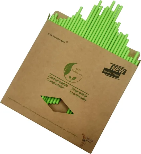 Pajitas de papel verde de 7.75 pulgadas, paquete de 100 popotes desechables de color verde sólido, paja ecológica reciclable para manualidades,