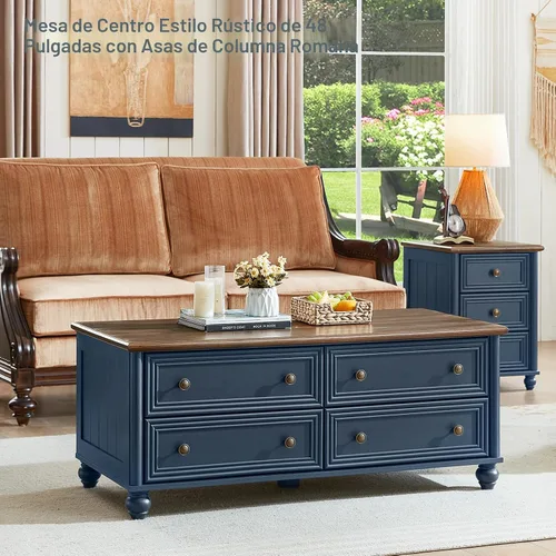 Miniatura 4 de RWYHG - Mesa de centro de granja de 48" con almacenamiento oculto, mesas de café de madera con 4 cajones y mango de columna romana, mesa rústica