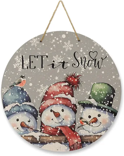 Seasonal Front Door Welcome Sign, Merry Christmas Snowman Round Wood Wreaths Wall Hanging Sign for Outdoor Porch Wall Pediments Home Decor