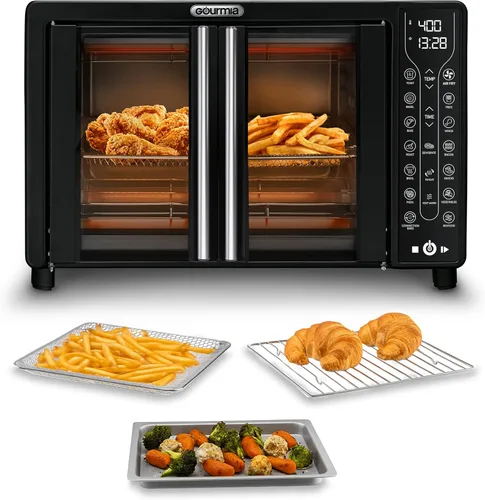 Gourmia FryForce - Horno tostador con freidora de aire para puerta francesa, capacidad de 6 rebanadas, 360°, pantalla digital con 17 ajustes Negro –