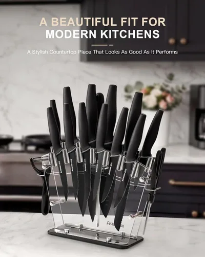 Miniatura 9 de Astercook Juego de cuchillos con bloque y afilador, juego de cuchillos de cocina de 22 piezas, apto para lavavajillas, bloque de cuchillos Negro
