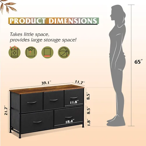 Miniatura 3 de WLIVE - Cómoda para dormitorio con 5 cajones, cómoda ancha de tela, organizador de almacenamiento con cajones de tela para armario, sala de estar