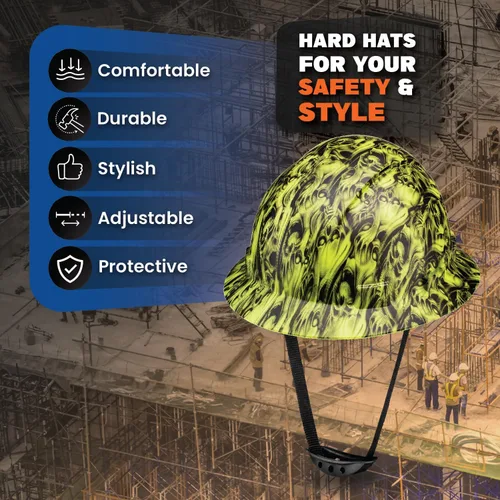 Miniatura 2 de Casco de construcción OSHA de ala completa con diseño de tatuaje/calavera, acabado mate, con suspensión de 6 puntos Three Wise Skulls Hi-Vis