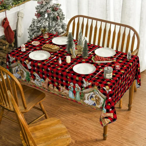 Miniatura 2 de Horaldaily Mantel de Navidad 52×70 Pulgadas, Santo Nacimiento Búfalo Rojo a Cuadros Cubierta de Mesa Lavable para Fiesta Pícnic Cena Decoración