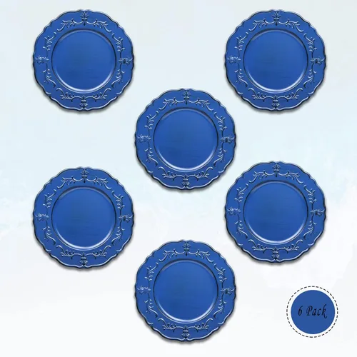 Miniatura 2 de Spsyrine Plato de carga azul real antiguo, cargadores de plástico en relieve de 13 pulgadas para cena, juego de 6 elegantes decoraciones para bodas