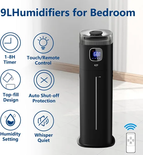 Miniatura 5 de KZF Humidificador grande para dormitorio, humidificador ultrasónico de niebla fría de 9L/2.5 galones con humidistato, boquilla de 360°, nivel
