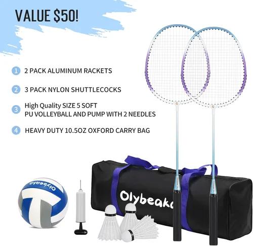 Miniatura 6 de Juego de red combinada de voleibol y bádminton de 20 pies para exteriores para patio trasero y playa con postes ajustables, red duradera
