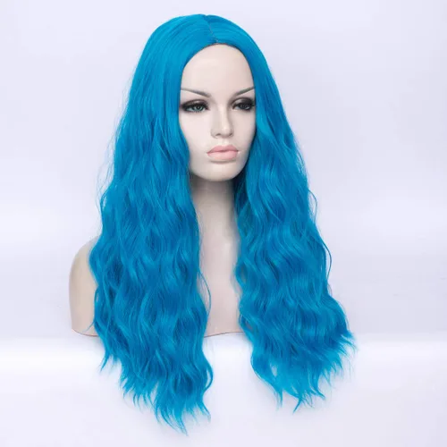 Miniatura 3 de Peluca ondulada azul de 24 pulgadas de largo para mujer, pelucas de fibra resistentes al calor, para Halloween, cosplay, fiesta diaria + gorra (azul)