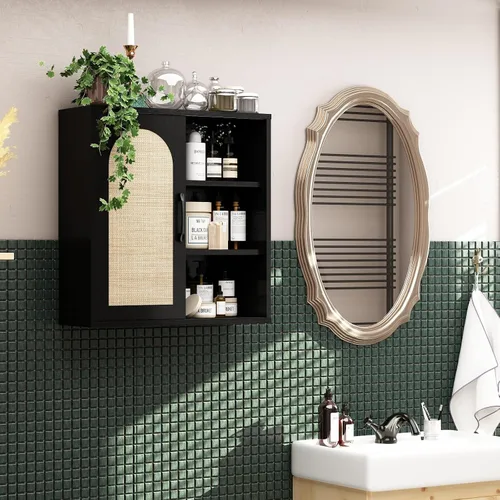 Miniatura 3 de RUSTOWN Armario de pared de ratán bohemio, gabinete de baño de mediados de siglo con puerta corredera, estantes ajustables, armario de Negro