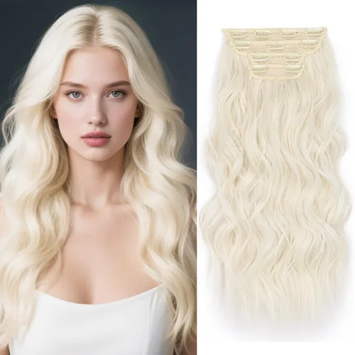 Miniatura 11 de Extensiones de cabello rubio con clip, de 22 pulgadas, extensiones de cabello largo y rizado con clip, 4 unidades, extensiones de cabello sintético