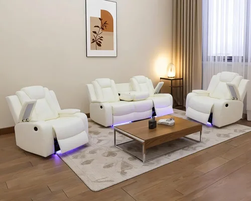 Miniatura 13 de Juego de sofá reclinable eléctrico con LED, juego de sofá de cuero transpirable para sala de estar, juego de sofá reclinable con puerto USB, Negro