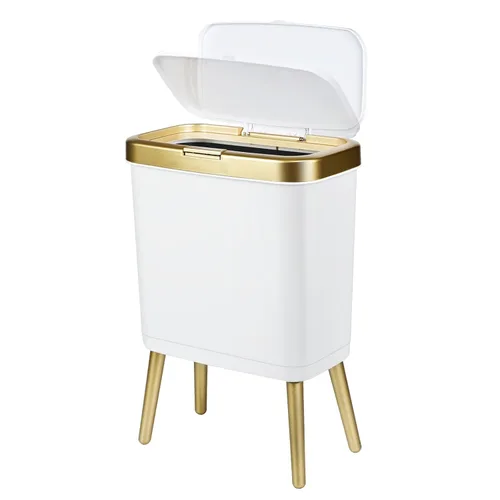 Basurero de baño blanco y dorado, delgado con tapa, cubo de basura de cocina de 4 galones con patas, cesta de basura de plástico moderna para
