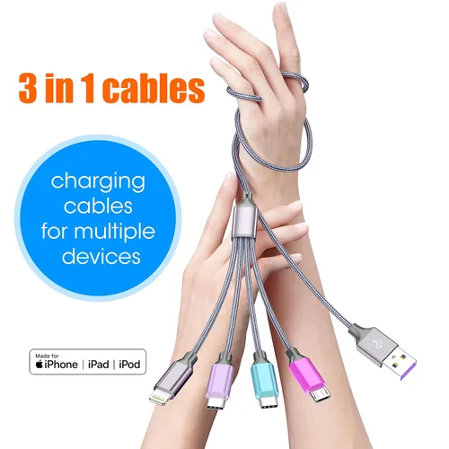 Miniatura 2 de Doub Tyep-C 4 en 1 cable de carga múltiple de 4 pies, cable de carga de nailon trenzado Lightning para iPhone, cable de carga universal con tipo C