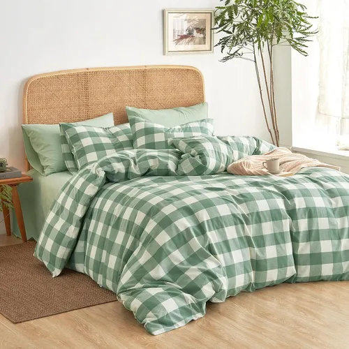 Miniatura 3 de Wake In Cloud - Juego de funda de edredón de algodón gingham, a cuadros estilo búfalo, 100% algodón lavado texturizado percal, juego de ropa