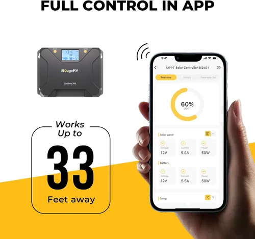Miniatura 2 de BougeRV MPPT Controlador de carga solar de 30 A, con corte a baja temperatura, control de aplicación, LCD retroiluminado, regulador de panel solar