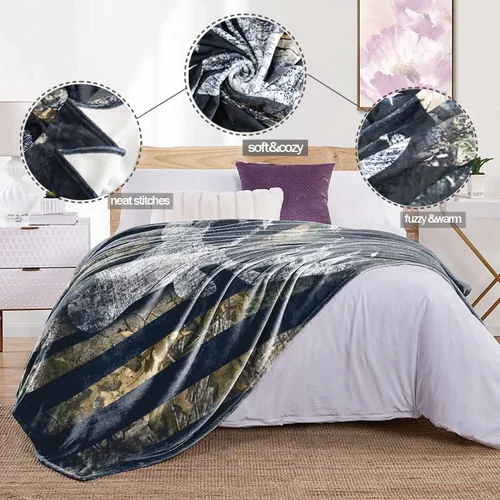 Miniatura 5 de Manta de Caza con Bandera de Ciervo Camuflado de EE.UU., Mantas de Regalo para Hombres, Manta Súper Suave, Acogedora y Cálida para Sofá, Silla