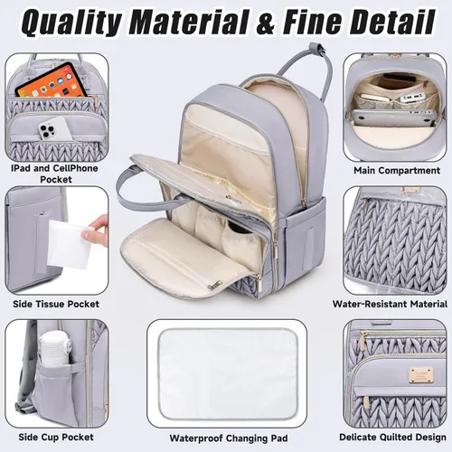 Miniatura 5 de Tealari Mochila para pañales, elegante bolsa de pañales para bebé, mochila impermeable para pañales de viaje, bolsas de bebé con cambiador, correas