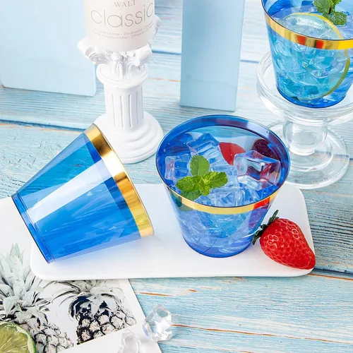 Miniatura 7 de Nervure 240 vasos de plástico azules – Vasos de plástico con borde dorado de 9 onzas – Taza azul desechable resistente con borde dorado perfecto