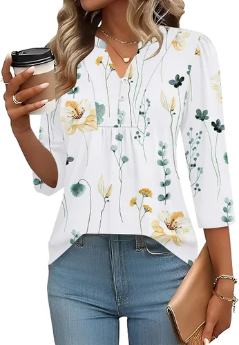 Miniatura 35 de IECCP Blusas de verano de manga 3/4 para mujer, estilo casual, cuello Henley, cuello en V, plisadas, ajuste holgado, blusas de trabajo