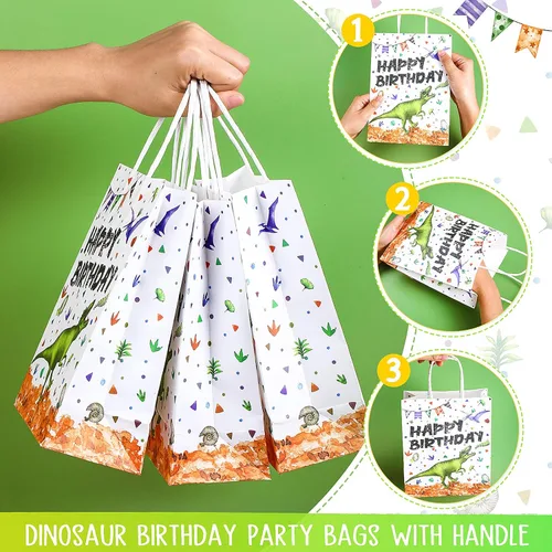 Miniatura 3 de Containlol 16 bolsas de papel para fiesta de cumpleaños de dinosaurio, bolsas de regalo de cumpleaños con asa para niños y niñas, temática