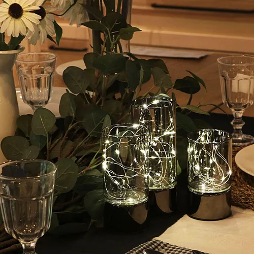 Miniatura 5 de Rhytsing conjunto de 3 linternas de cilindro de vidrio con luces de hadas, lámpara de mesa decorativa con batería, vela sin llama con función