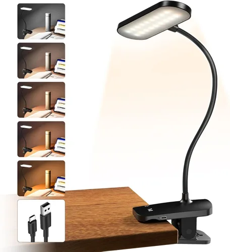 Lámpara de escritorio con clip, luz de lectura alimentada por batería con abrazadera fuerte, 5 colores, 5 brillo, lámpara portátil inalámbrica