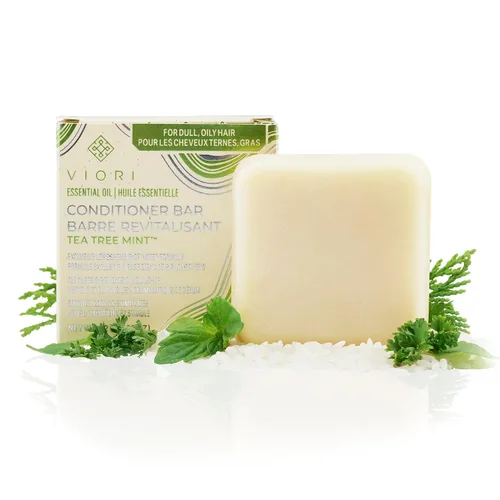 Viori Barra de acondicionador de aceite esencial de menta de árbol de té hecha con agua de arroz, acondicionador orgánico totalmente natural hecho a