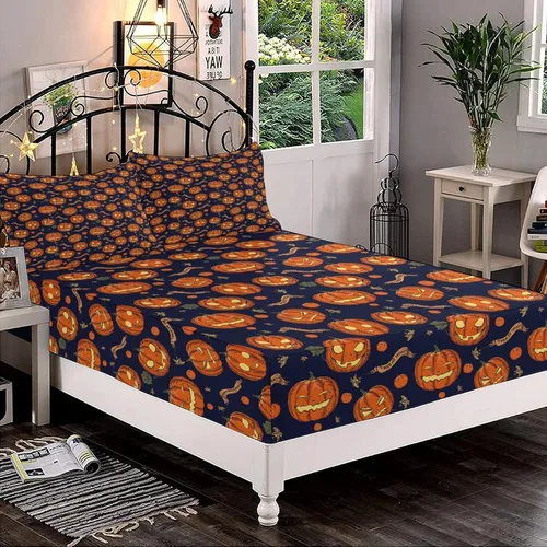 Miniatura 22 de Juego de sábanas bajeras decorativas tamaño Queen, sábanas bajeras de Halloween con bolsillos profundos y 2 fundas de almohada (sin sábana plana)