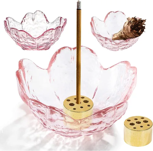 Soporte de incienso para varillas y incienso de reflujo, soporte de incienso hecho a mano de vidrio con diseño de flores de cerezo, con 9 agujeros