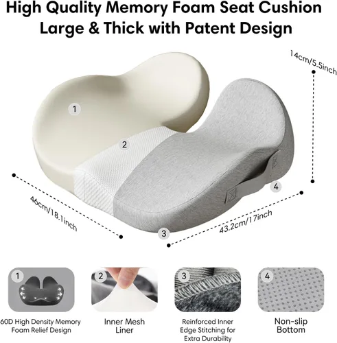 Miniatura 2 de Cojín de asiento de espuma viscoelástica para silla de oficina, automóvil, silla de ruedas y avión – Almohada de alivio del dolor de ciática, coxis