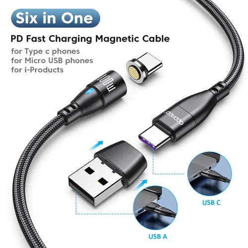 Miniatura 6 de Cable de carga magnético USB C de 100 W, paquete de 2 (3.3 pies + 6 pies), cable magnético de carga rápida 6 en 1, cable de carga USB C magnético