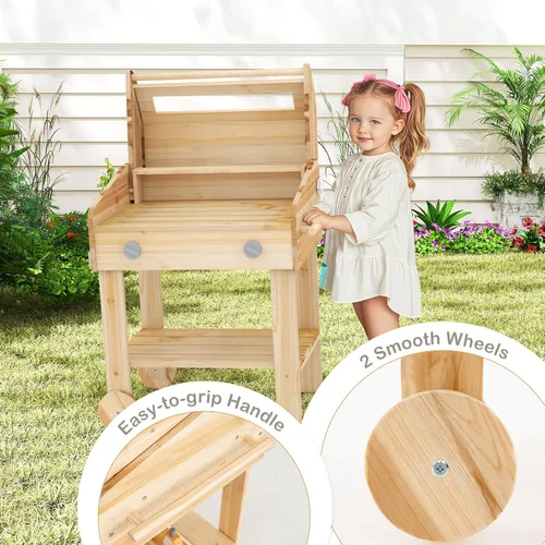 Miniatura 6 de Costzon Juego de parrilla para niños con ruedas, juego de parrilla de madera para niños con comida de juego, herramientas de parrilla y accesorios