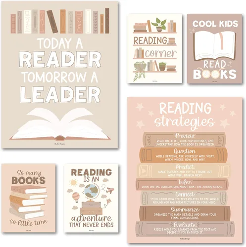 Hadley Designs Pósteres de lectura para decoración de aula primaria y biblioteca, 6 decoraciones de esquina de lectura para decoraciones de aula,