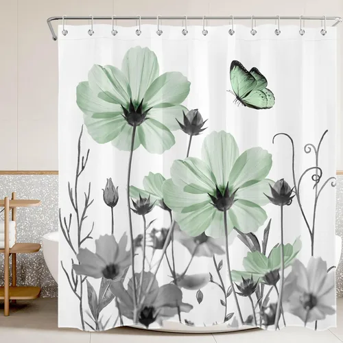 Miniatura 14 de LB Juego de cortinas de ducha de mariposa y flores con alfombras, margaritas y morado lavanda, hojas de eucalipto, cortina de ducha verde