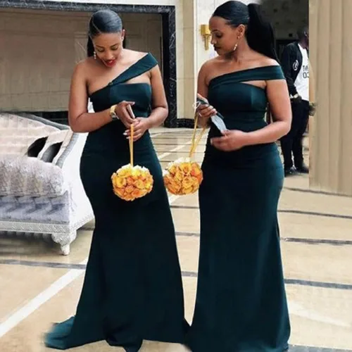 Miniatura 3 de Vestido de dama de honor de sirena con un hombro descubierto, vestido de satén para graduación, vestido de novia formal para mujer