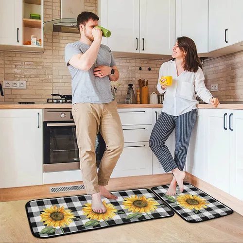 Miniatura 6 de Alfombras de cocina con girasoles para cocina, 2 piezas de búfalo a cuadros, girasol, antifatiga, alfombra antideslizante para piso, alfombra