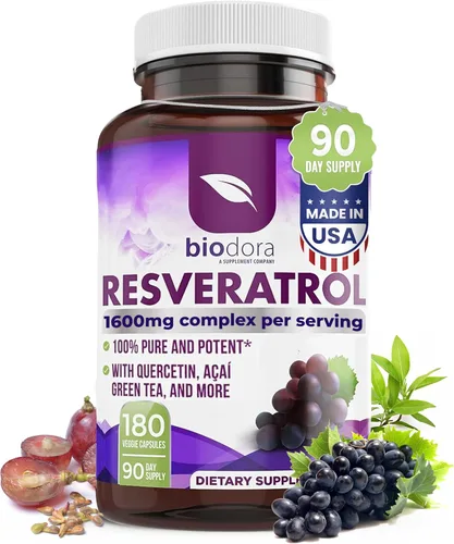 Resveratrol 1600mg - 180 cápsulas | Suplemento antioxidante de trans-resveratrol con té verde natural, polifenoles de semilla de uva y quercetina,