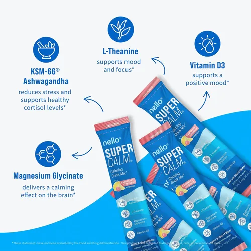 Miniatura 4 de Nello Supercalm - Mezcla de bebida en polvo, reductor de cortisol y ayuda para dormir, L Teanina, Ashwagandha Ksm-66, Magnesio Glicinato, Vitamina