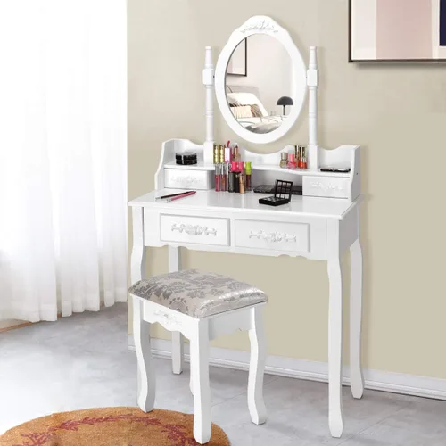 Miniatura 11 de Set de mesa de tocador Giantex con 8 bombillas y interruptor táctil, mesa de maquillaje para niñas princesa con espejo redondo grande, 2 cajones