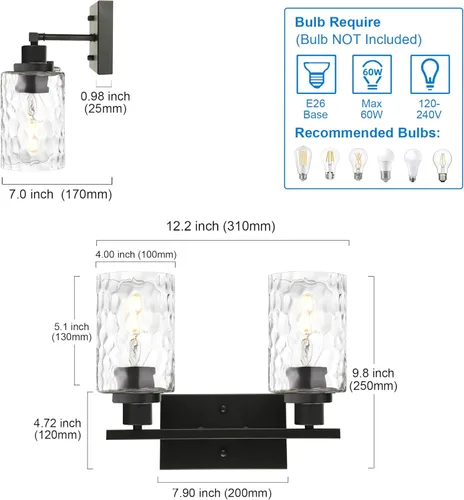 Miniatura 5 de MELUCEE Iluminación de pared interior 2 luces mate negra con vidrio martillado transparente, lámpara de pared moderna para tocador de baño