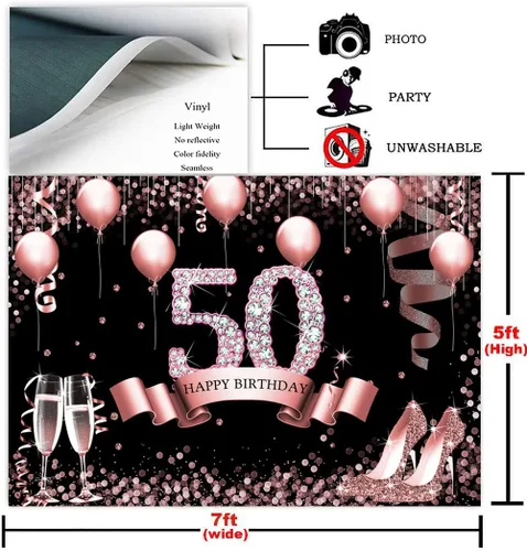 Miniatura 6 de Sensfun Telón de fondo de oro rosa con la frase "Happy 50th Birthday" para mujer, globos de diamantes con purpurina, tacones altos, fondo
