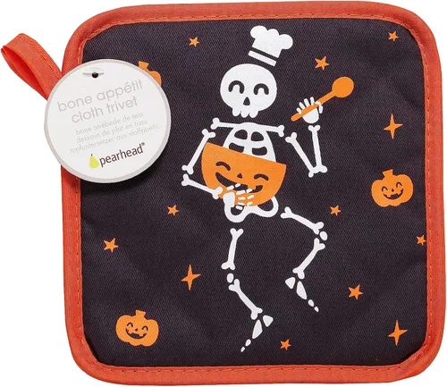 Miniatura 7 de Pearhead Juego de 2 soportes para ollas de chef de esqueleto de Halloween, almohadillas calientes de cocina resistentes al calor con bucles