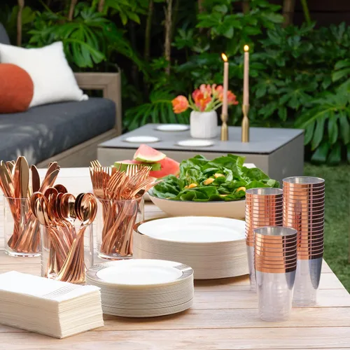 Miniatura 4 de By Madee PREMIUM - Juego de vajilla desechable elegante – Juego de platos y utensilios de plástico de oro rosa de 175 piezas con servilletas