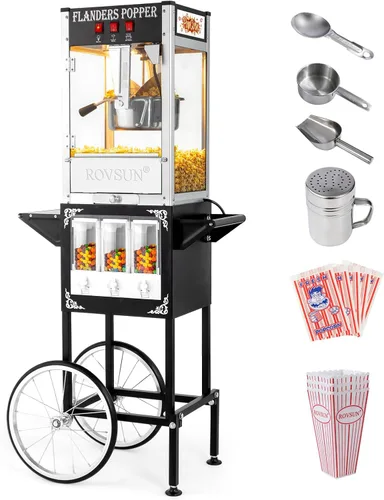 Miniatura 17 de Máquina de palomitas de maíz ROVSUN con carrito, ruedas y hervidor de 8 oz, hace hasta 32 tazas, certificada ETL, máquina de palomitas de maíz