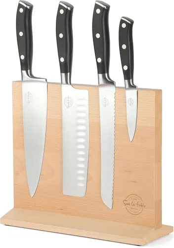 Sur La Table Kitchen Essentials - Juego de 5 piezas de cuchillos de acero alemán con mango triple remachado en bloque magnético de madera de haya -